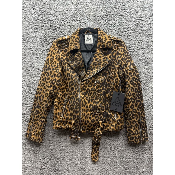 NWT Unif Cotton Blend Studded Zippered Sleeves Leopard Moto Jacket Womens Size M - Picture 1 of 16